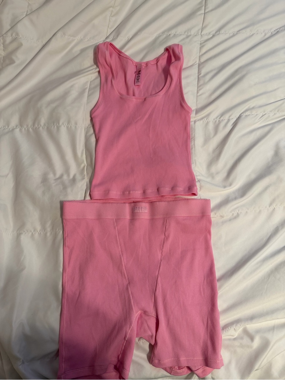 SKIMS Pink Ribbed Tank and Bike Short Set